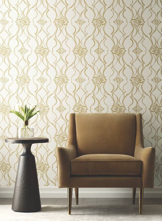 Pirouette White & Gold by Candice Olson Damask Wallpaper – York Designer Series DF3372