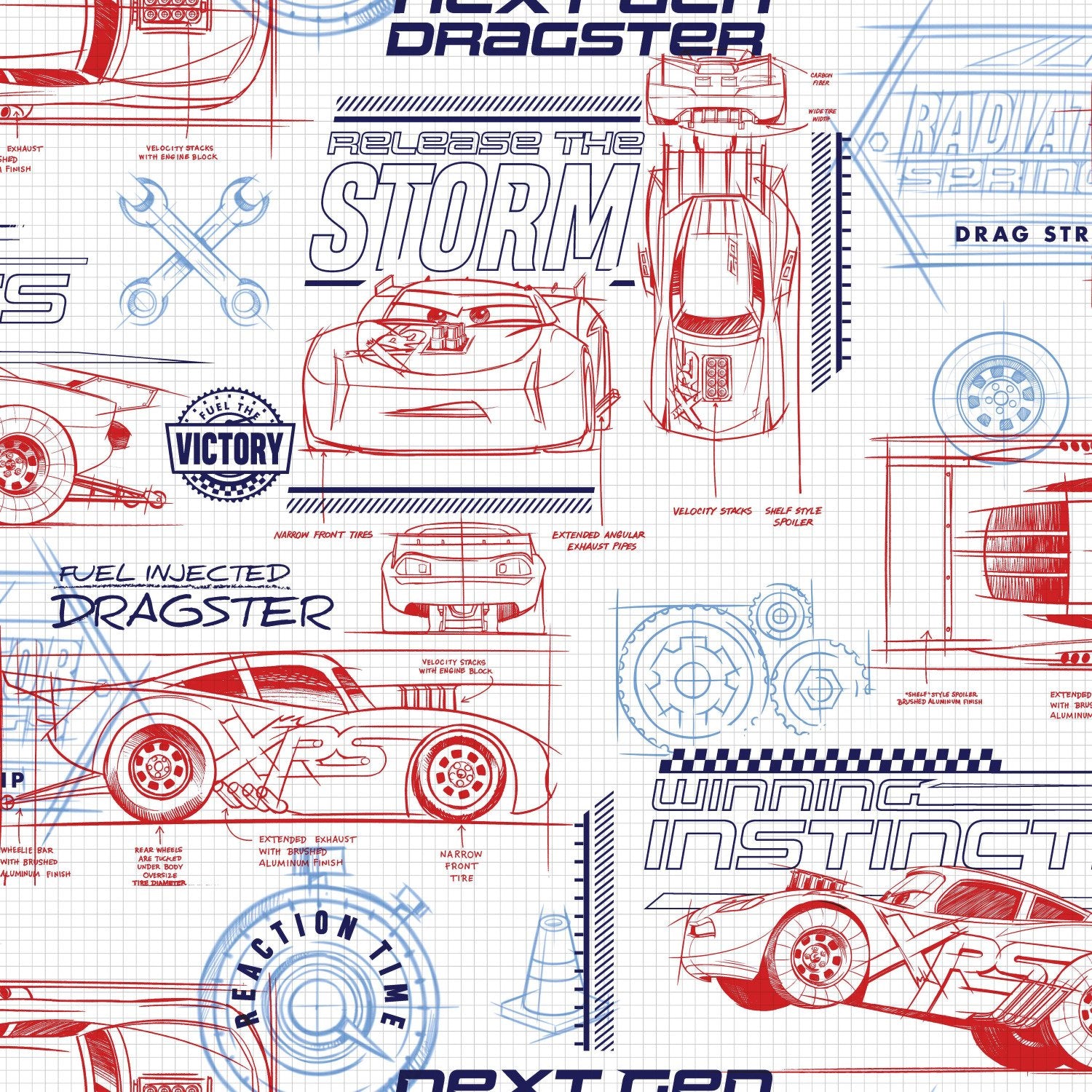 Disney & Pixar Cars Schematic Red Wallpaper with Racing Blueprint Motif - York DI0915