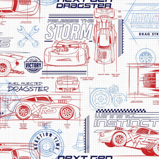 Disney & Pixar Cars Schematic Red Wallpaper with Racing Blueprint Motif - York DI0915