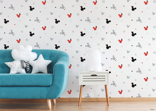 Disney Minnie Mouse Dots Red & Black Wallpaper with Modern Mickey Icon Motif - York DI0927