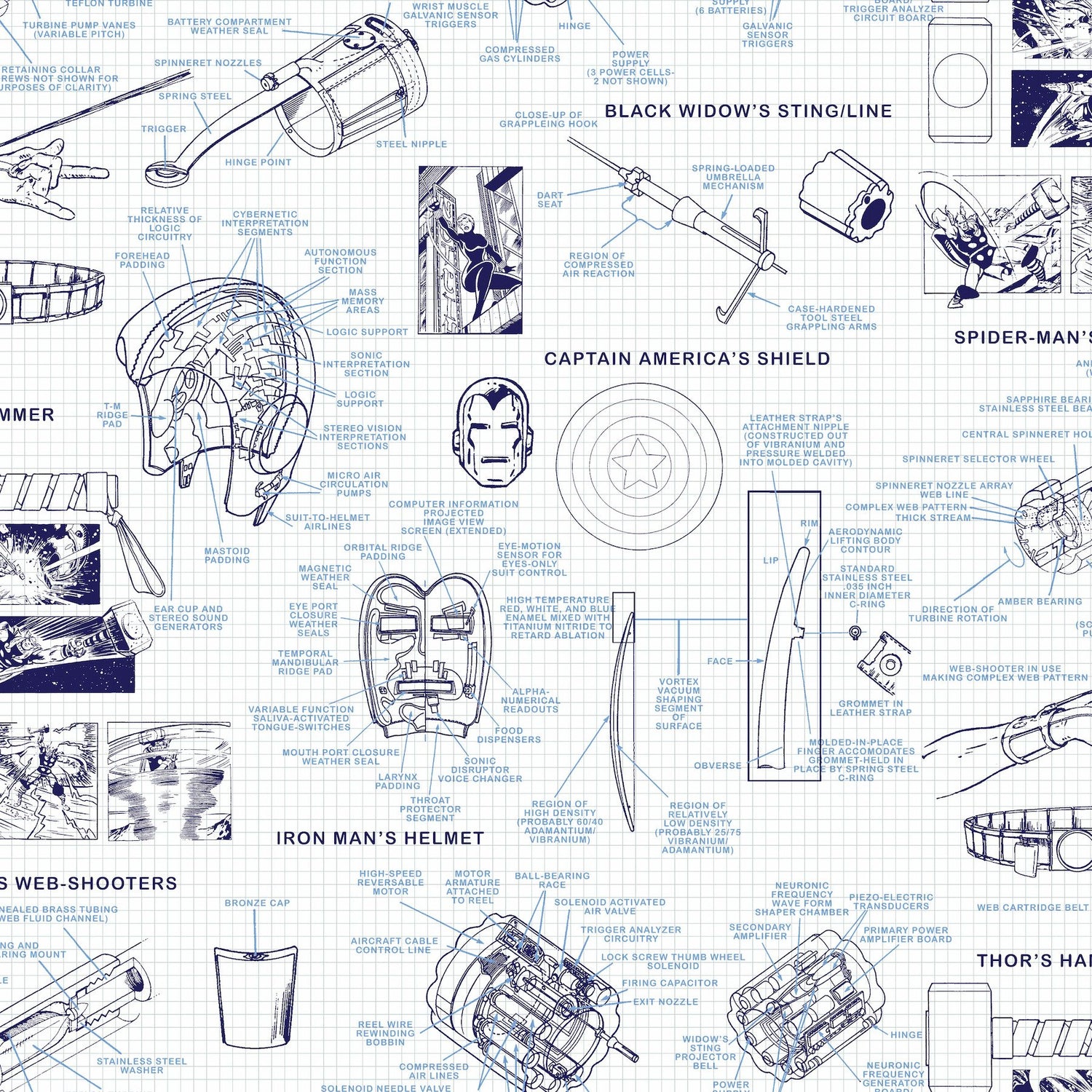 Marvels Heroes Schematics Blue Wallpaper with Blueprint Superhero Motif - York DI0935