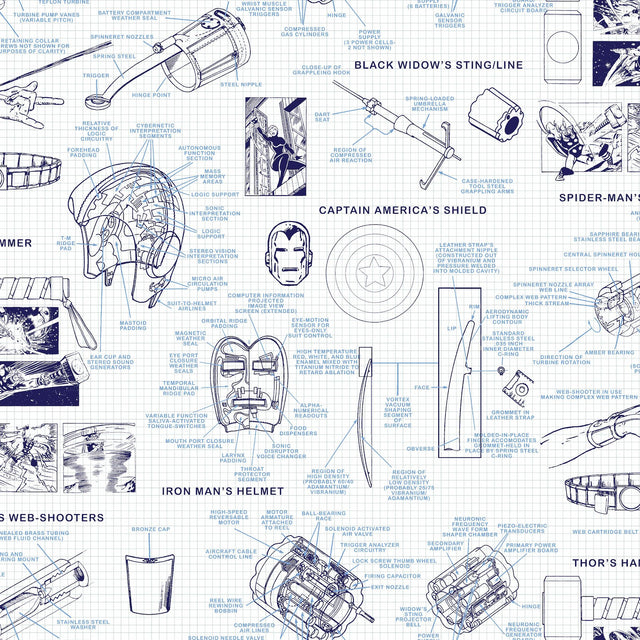 Marvels Heroes Schematics Blue Wallpaper with Blueprint Superhero Motif - York DI0935