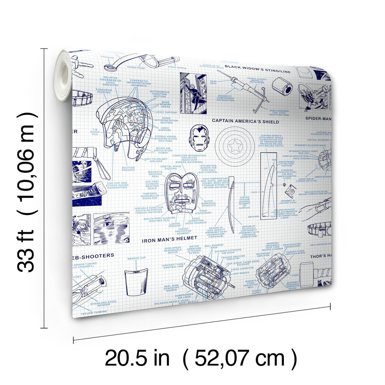 Marvels Heroes Schematics Blue Wallpaper with Blueprint Superhero Motif - York DI0935