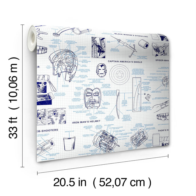 Marvels Heroes Schematics Blue Wallpaper with Blueprint Superhero Motif - York DI0935