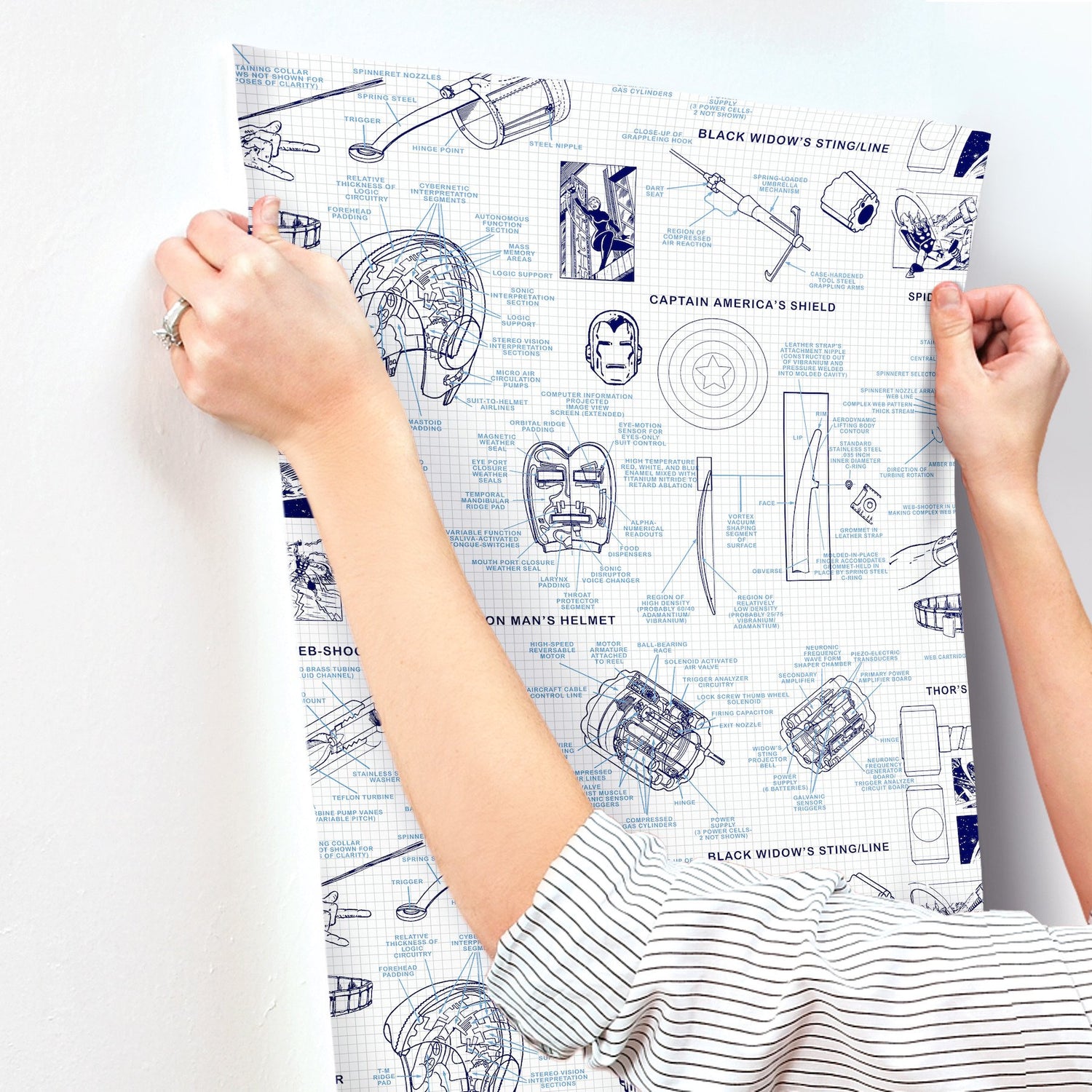 Marvels Heroes Schematics Blue Wallpaper with Blueprint Superhero Motif - York DI0935