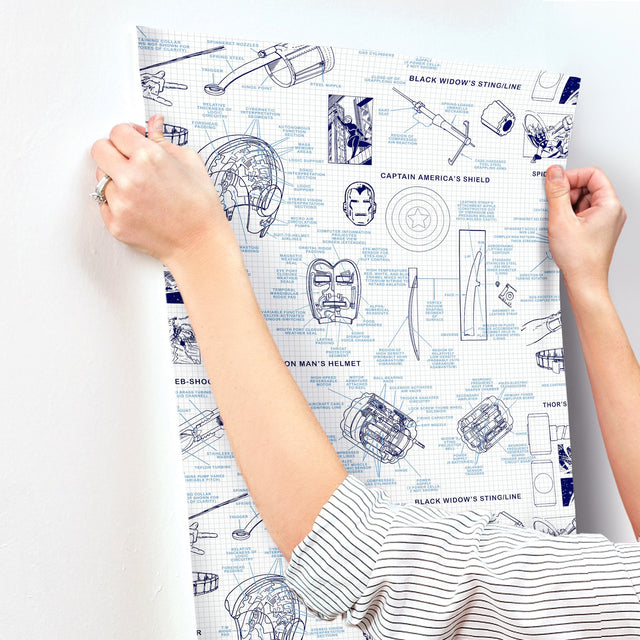 Marvels Heroes Schematics Blue Wallpaper with Blueprint Superhero Motif - York DI0935