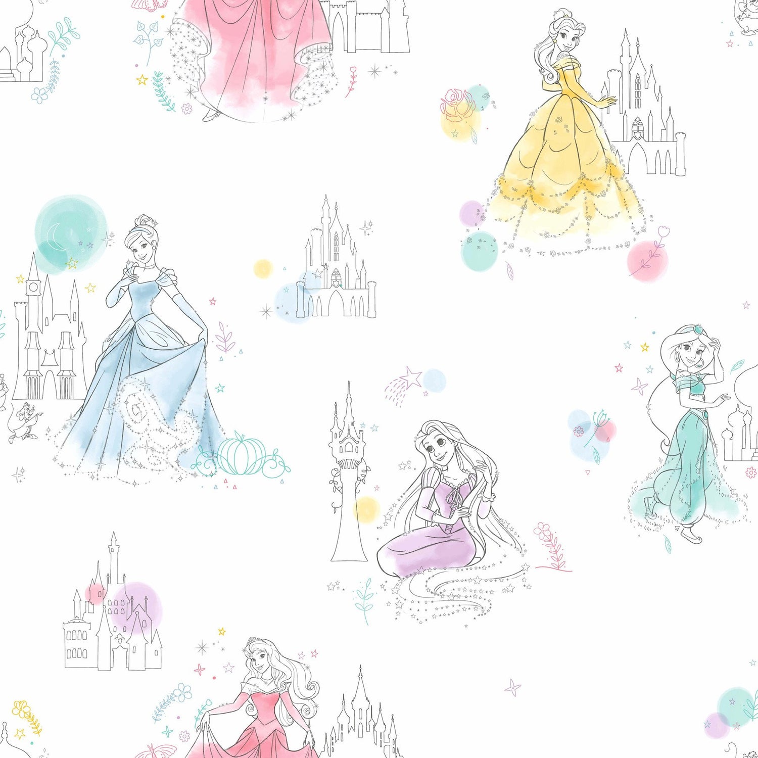 Disney Princess Pretty Elegant White Wallpaper with Kids Princess Sketch Motif - York DI0968