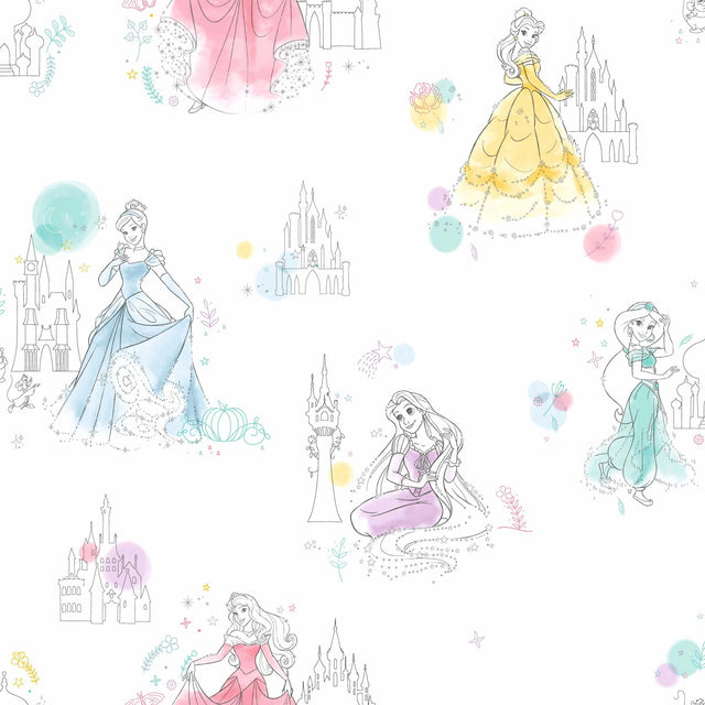 Disney Princess Pretty Elegant White Wallpaper with Kids Princess Sketch Motif - York DI0968