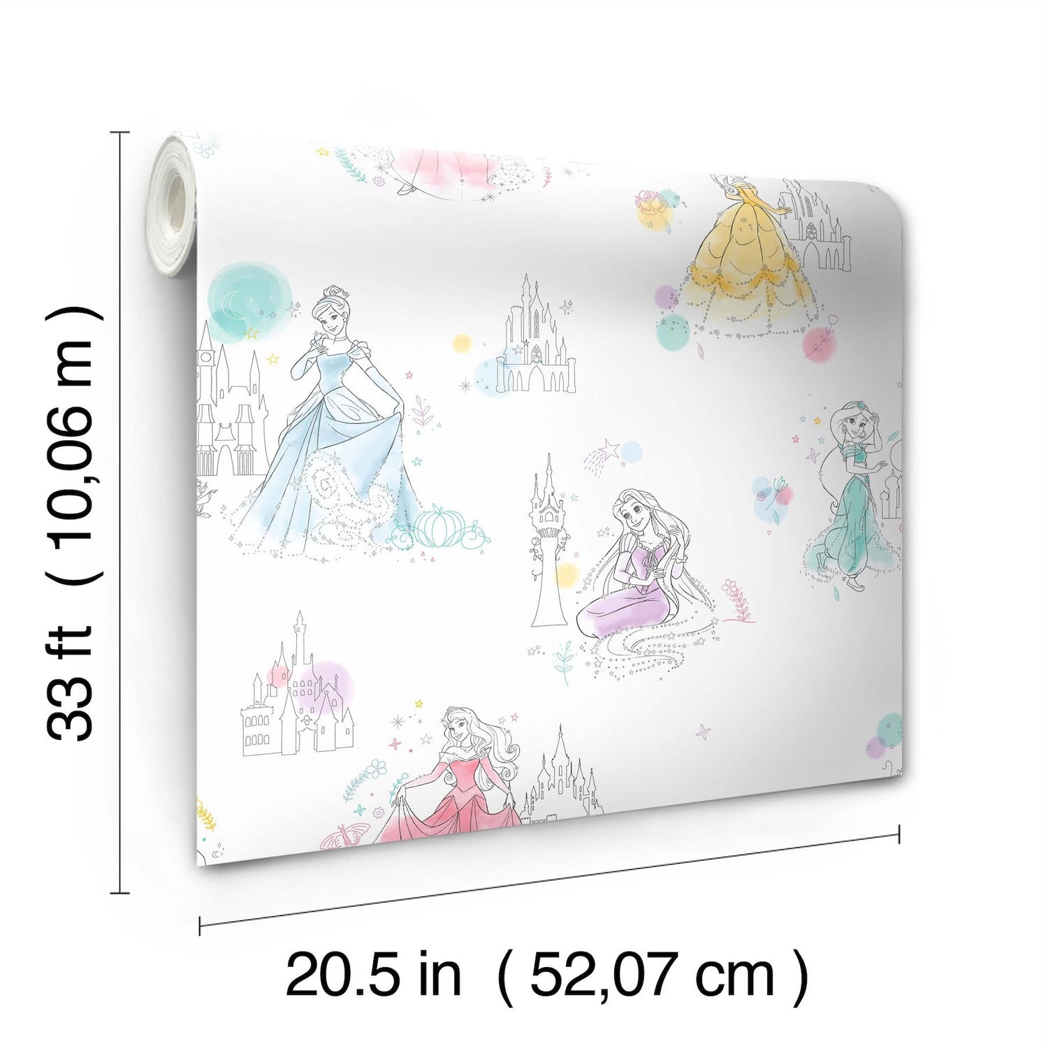 Disney Princess Pretty Elegant White Wallpaper with Kids Princess Sketch Motif - York DI0968