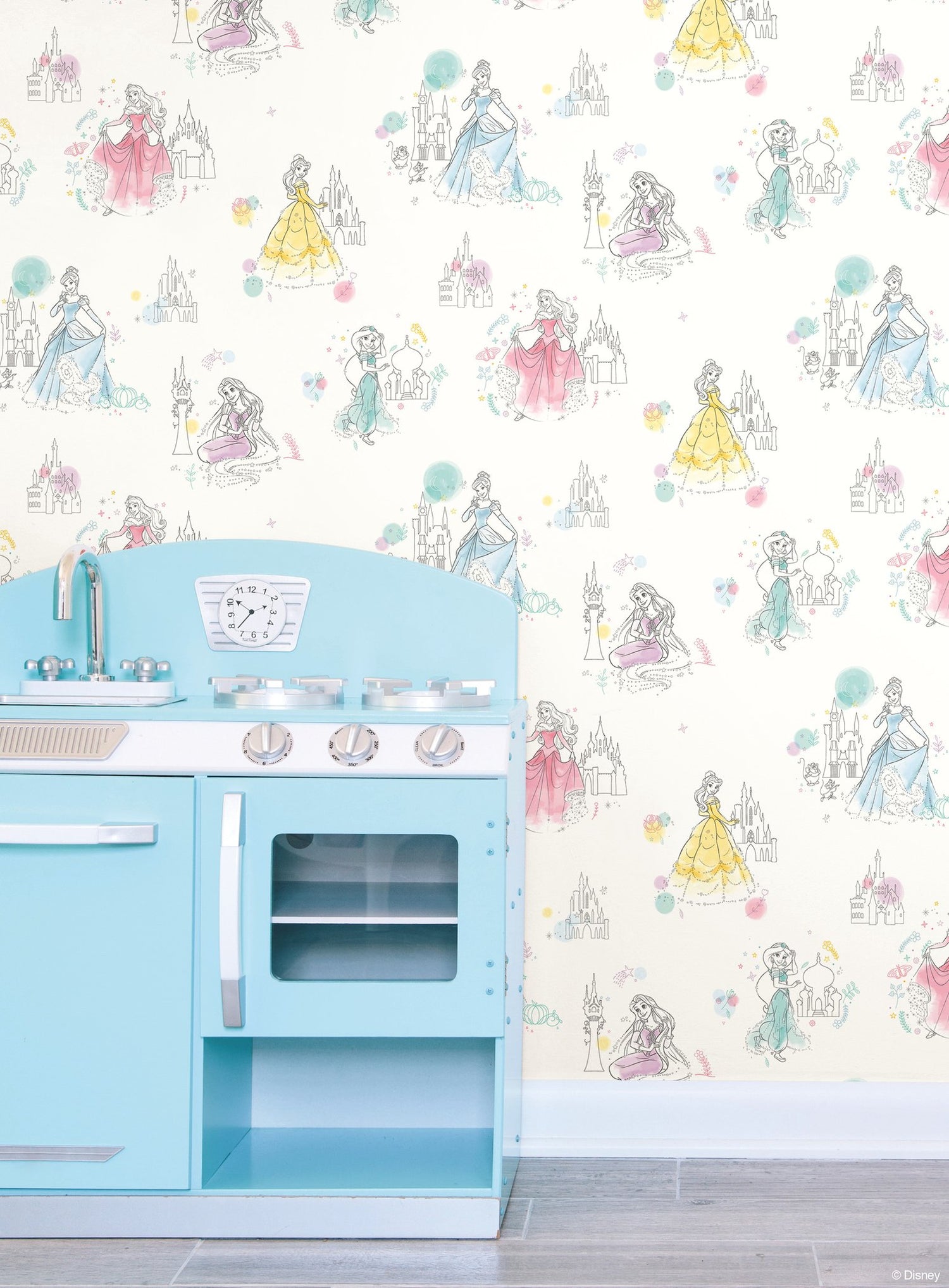 Disney Princess Pretty Elegant White Wallpaper with Kids Princess Sketch Motif - York DI0968