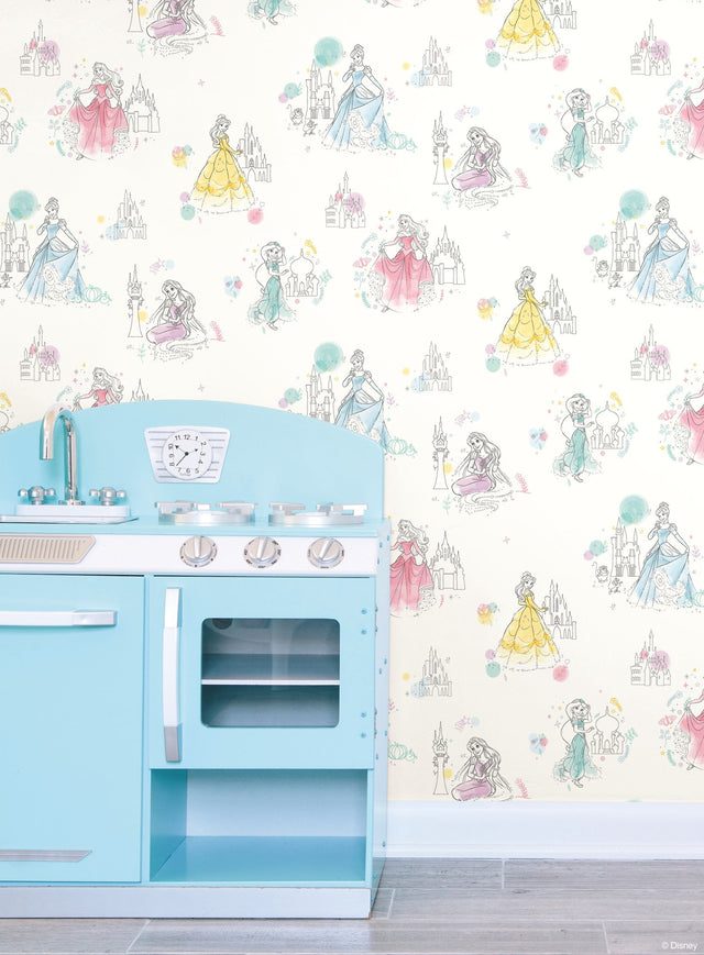 Disney Princess Pretty Elegant White Wallpaper with Kids Princess Sketch Motif - York DI0968