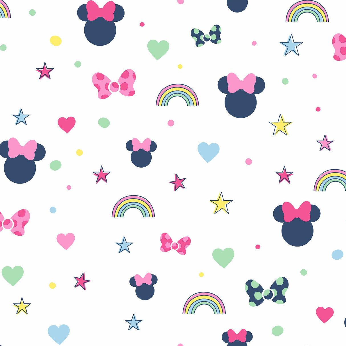Disney Minnie Mouse Rainbow Pink Wallpaper with Pastel Hearts, Stars & Bows - York DI0991