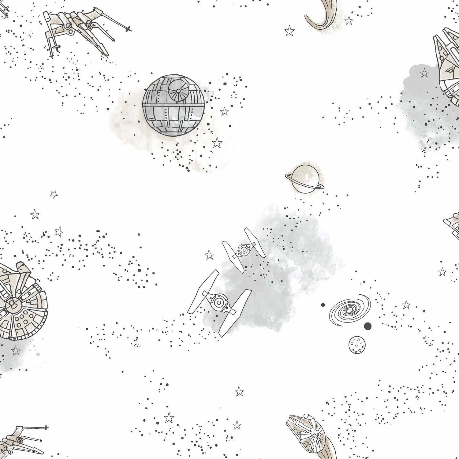 Star Wars: Good Night Galaxy Black & White Wallpaper with Kids Space Sketch Motif - York DI0997