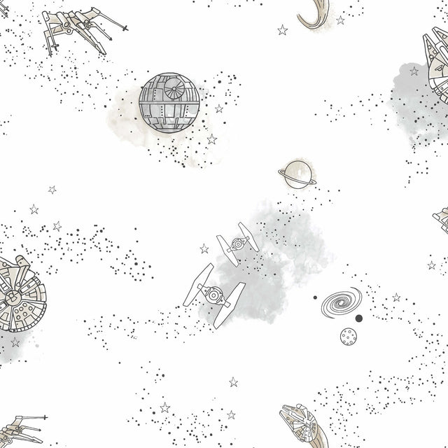 Star Wars: Good Night Galaxy Black & White Wallpaper with Kids Space Sketch Motif - York DI0997