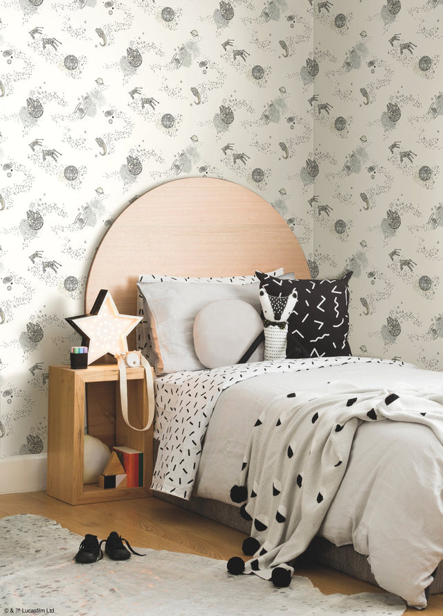 Star Wars: Good Night Galaxy Black & White Wallpaper with Kids Space Sketch Motif - York DI0997