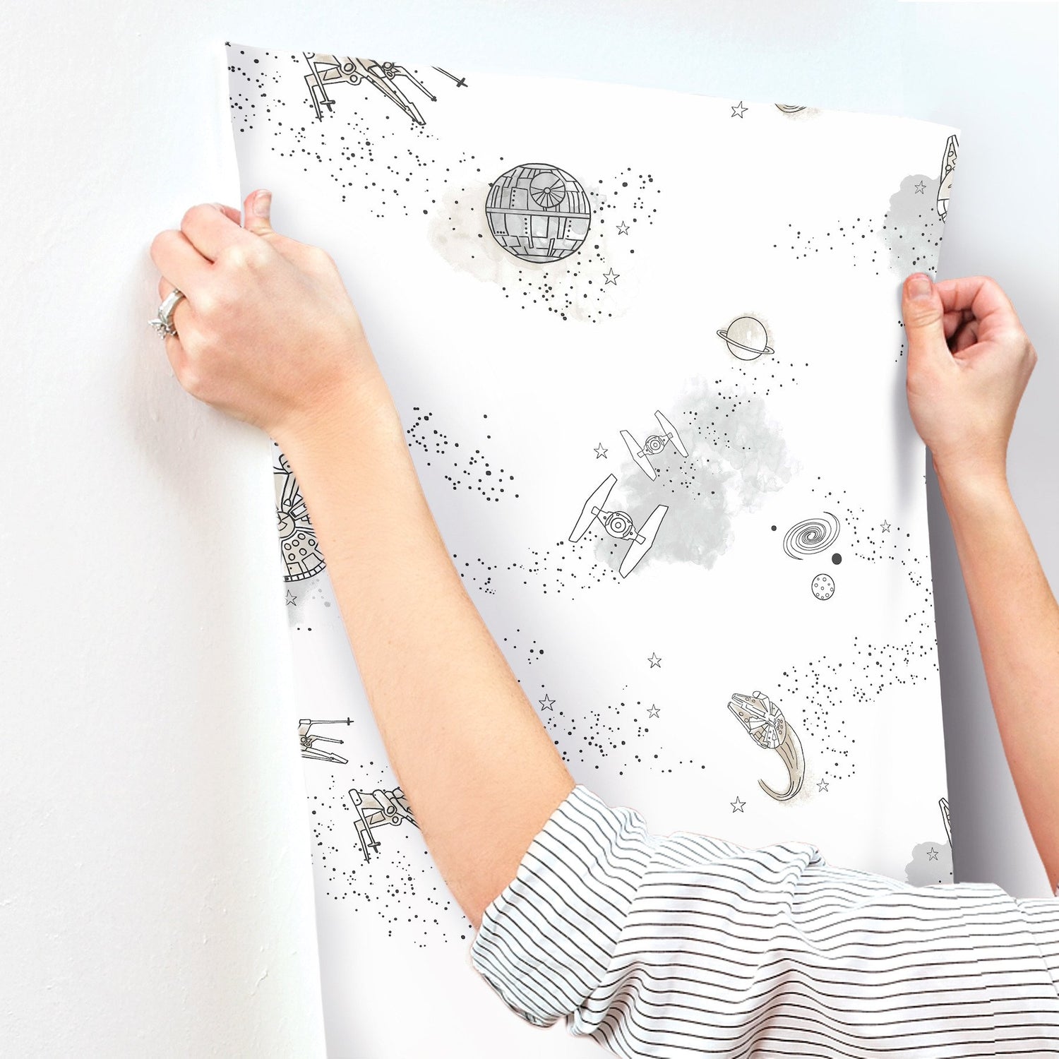 Star Wars: Good Night Galaxy Black & White Wallpaper with Kids Space Sketch Motif - York DI0997