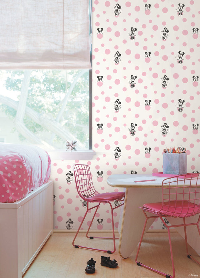 Minnie Dots Pink Wallpaper with Polka Dot Disney Character Motif - York DI1027