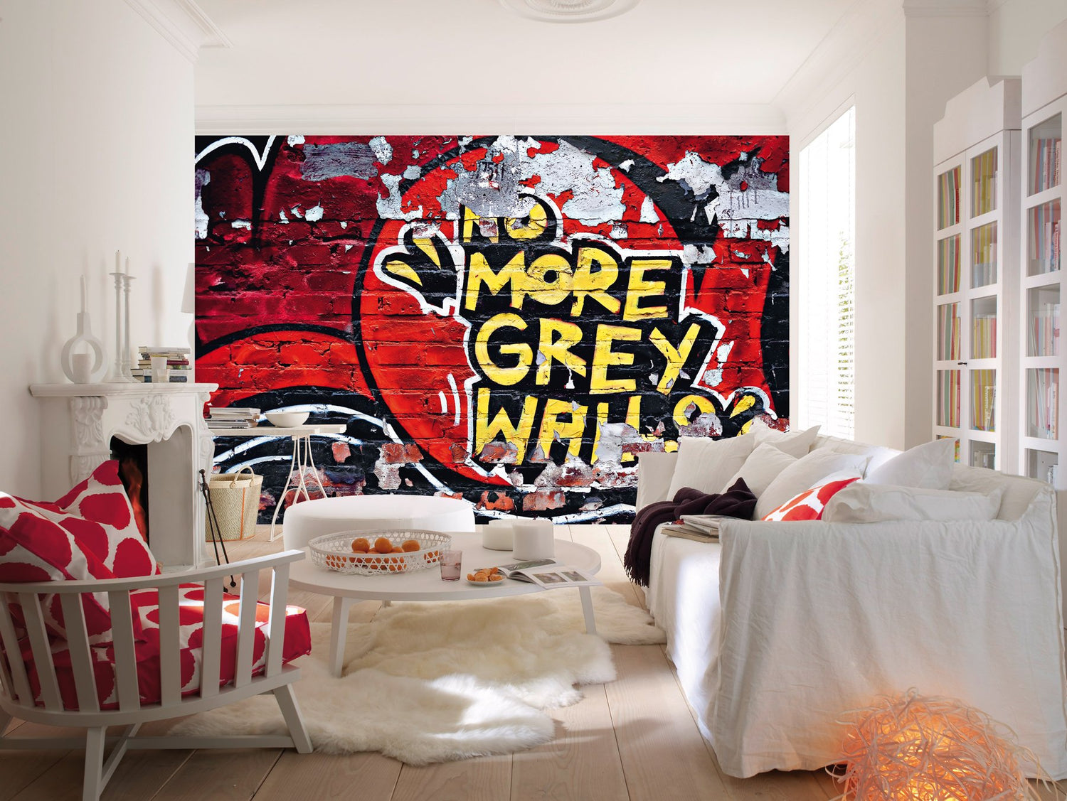 No More Grey Walls Graffiti Red Wall Mural with Modern Graphic Faux Effect - Wizard & Genius WG126