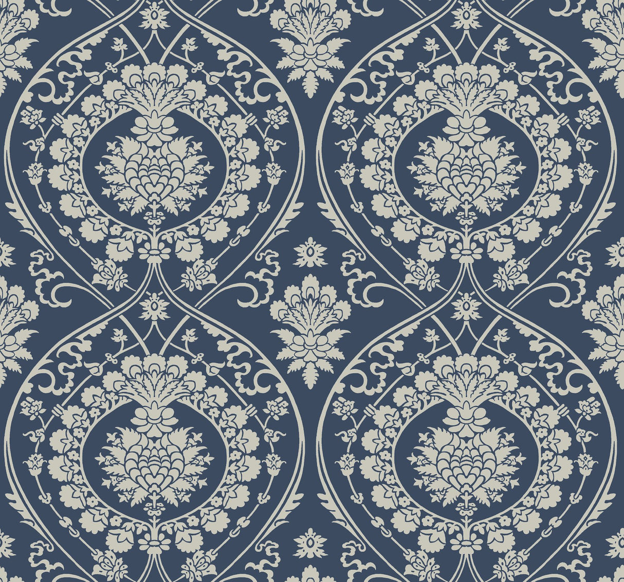 Imperial Damask Navy & Silver Wallpaper with Metallic Damask Motif - York DM4901