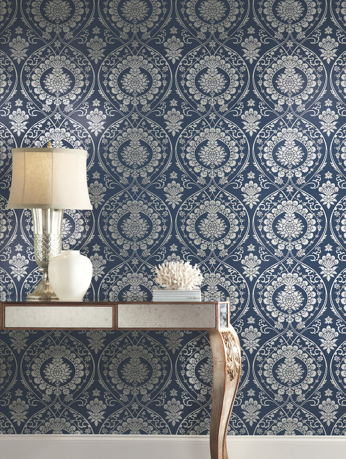 Imperial Damask Navy & Silver Wallpaper with Metallic Damask Motif - York DM4901