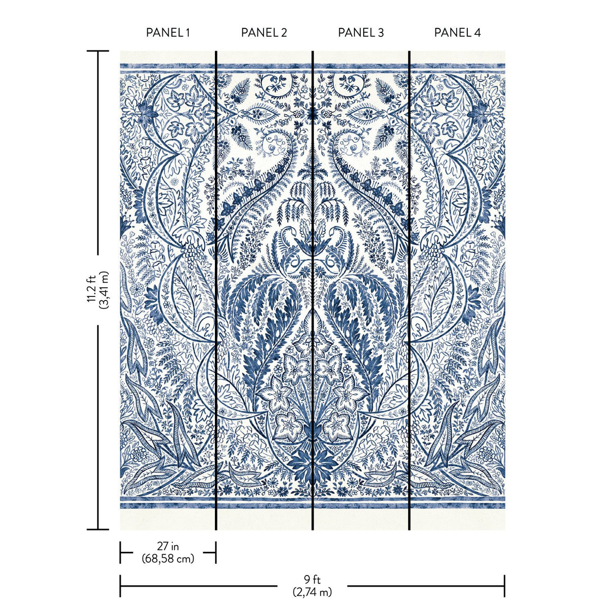 Jaipur Paisley Damask Blue Wall Mural with Classic Botanical Motif - York DM4912M