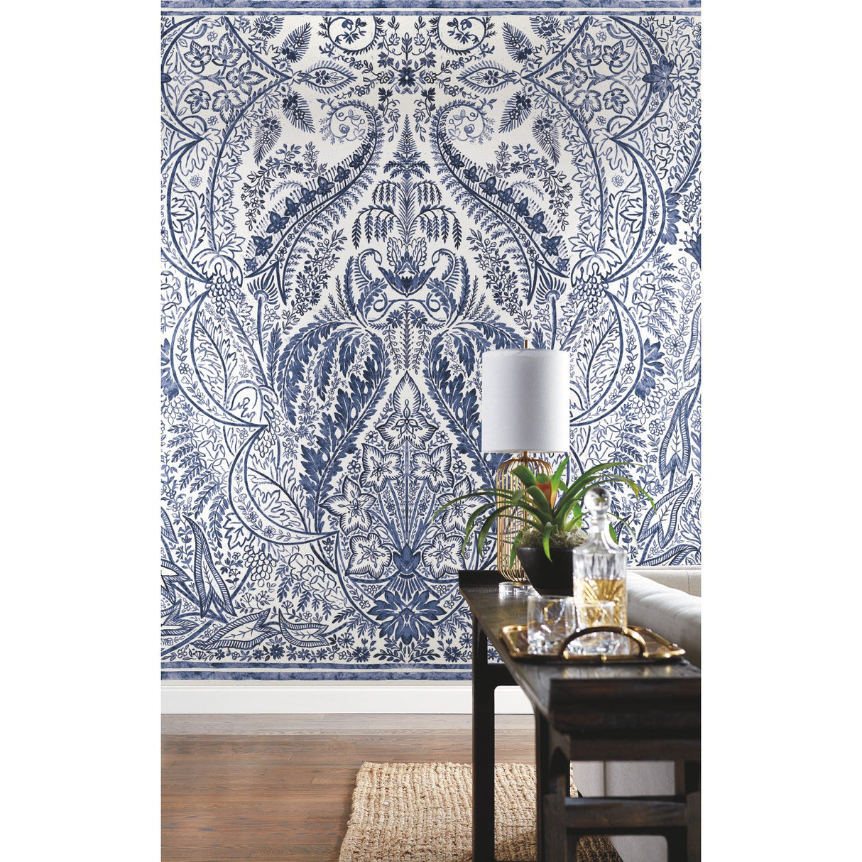 Jaipur Paisley Damask Blue Wall Mural with Classic Botanical Motif - York DM4912M