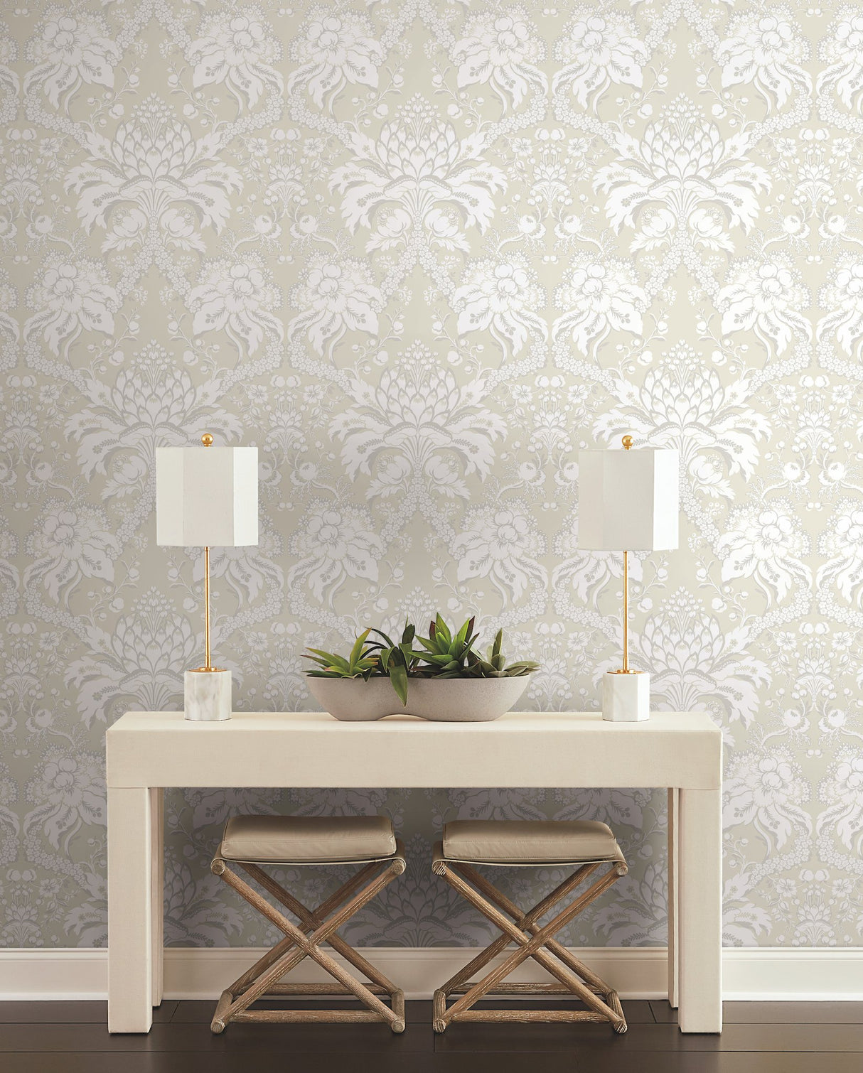 Artichoke Dam Beige & Gold Wallpaper with Classic French Damask Motif - York DM4956