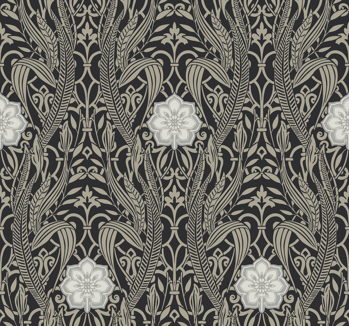 Gatsby Damask Black Wallpaper with Classic Arts & Crafts Motif - York DM4995