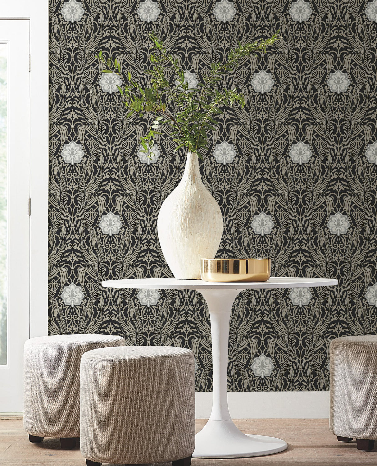 Gatsby Damask Black Wallpaper with Classic Arts & Crafts Motif - York DM4995
