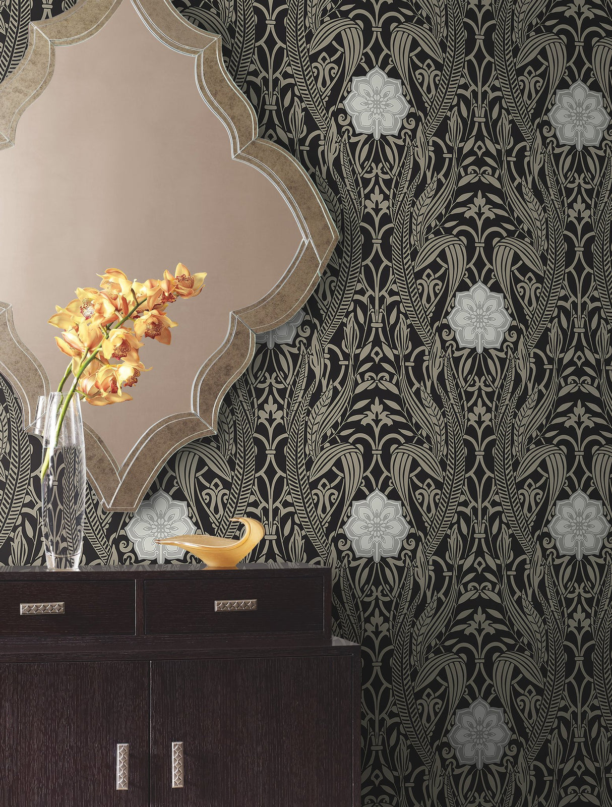 Gatsby Damask Black Wallpaper with Classic Arts & Crafts Motif - York DM4995