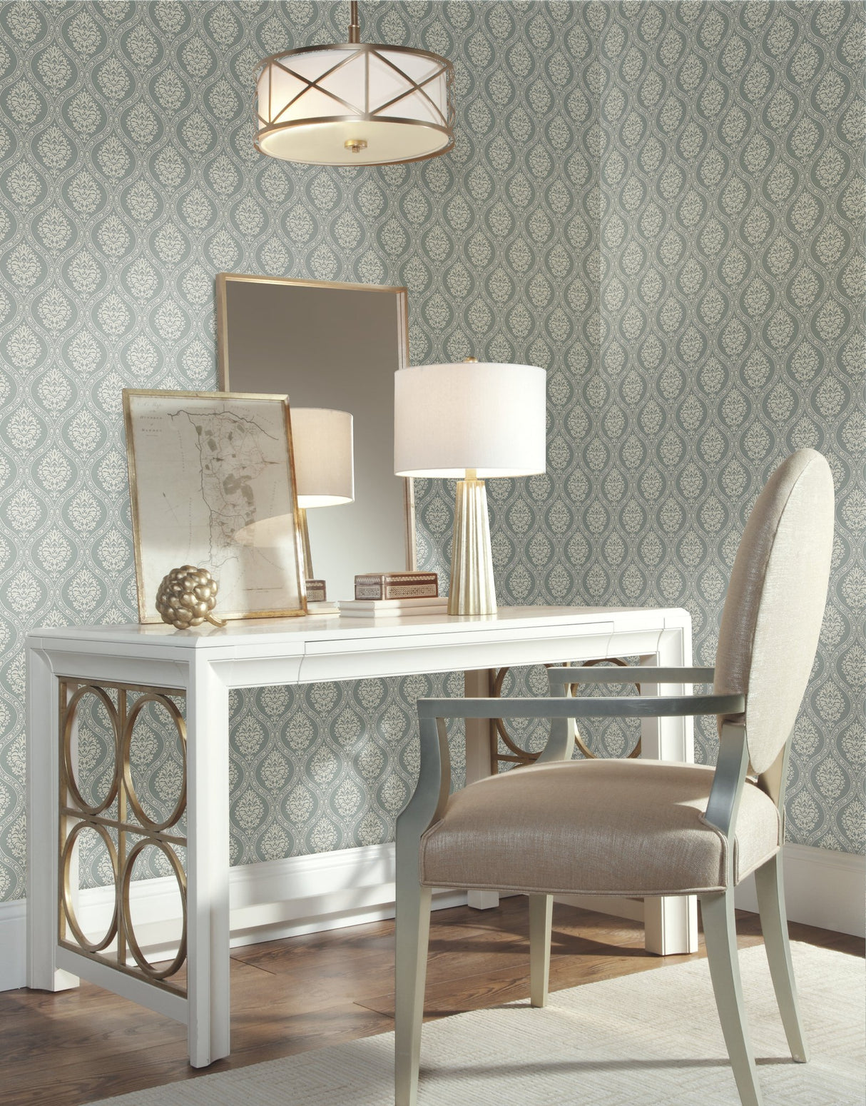 Petite Ogee Green Wallpaper with Classic Damask Ogee Pattern - York DM5028