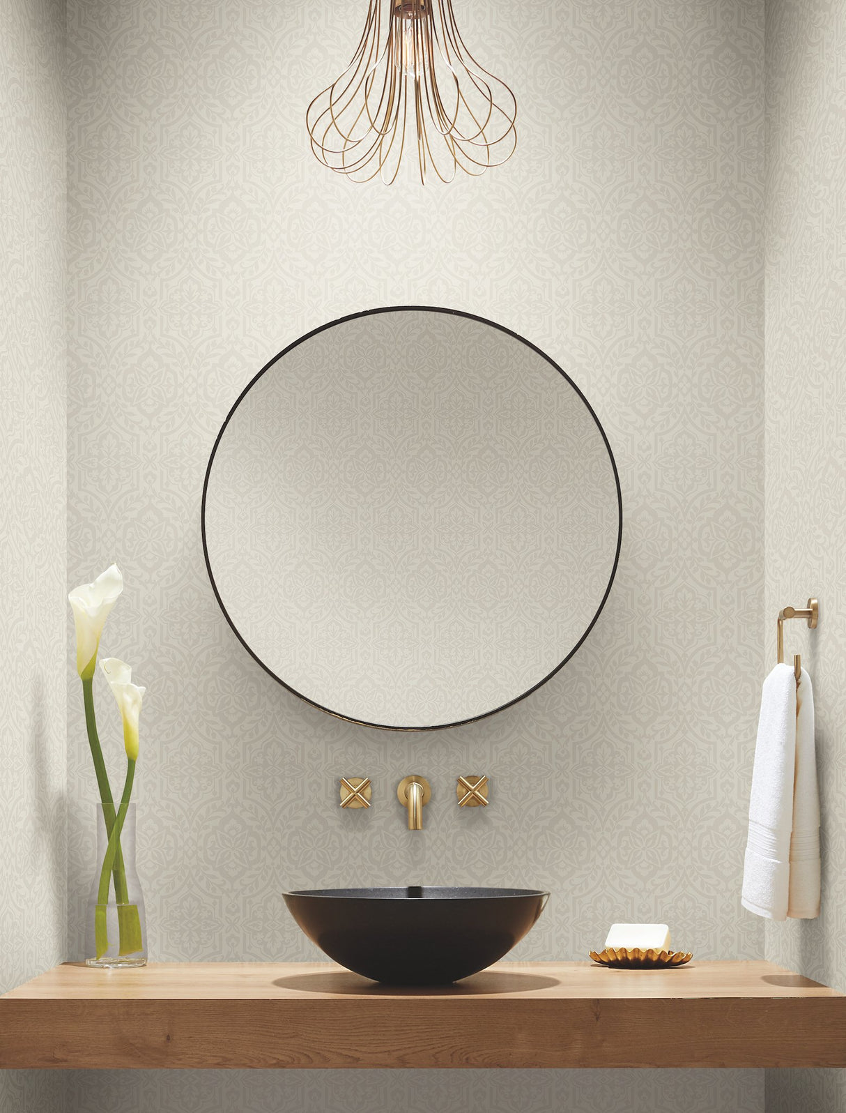 Cathedral Damask Taupe Wallpaper with Raised Filigree Pattern - York DM5034