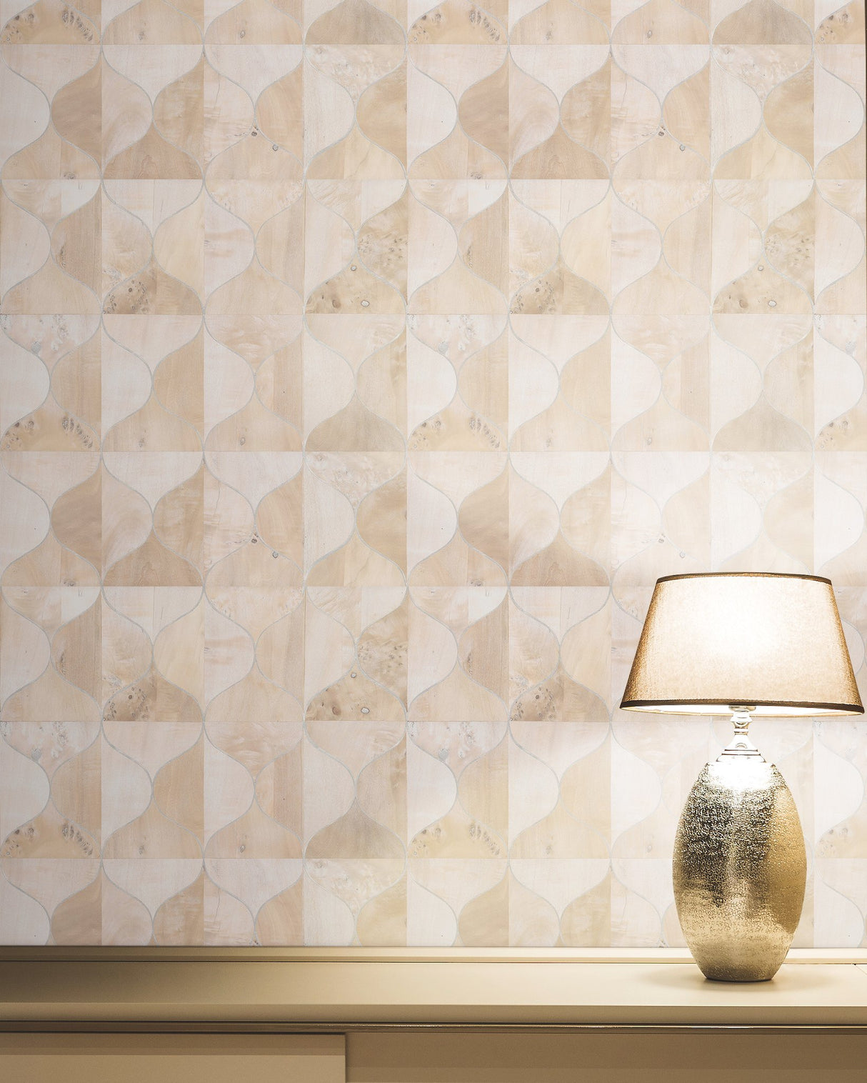 Burlwood Ogee White Wallpaper with Wood Veneer Ogee Pattern - York DT5002