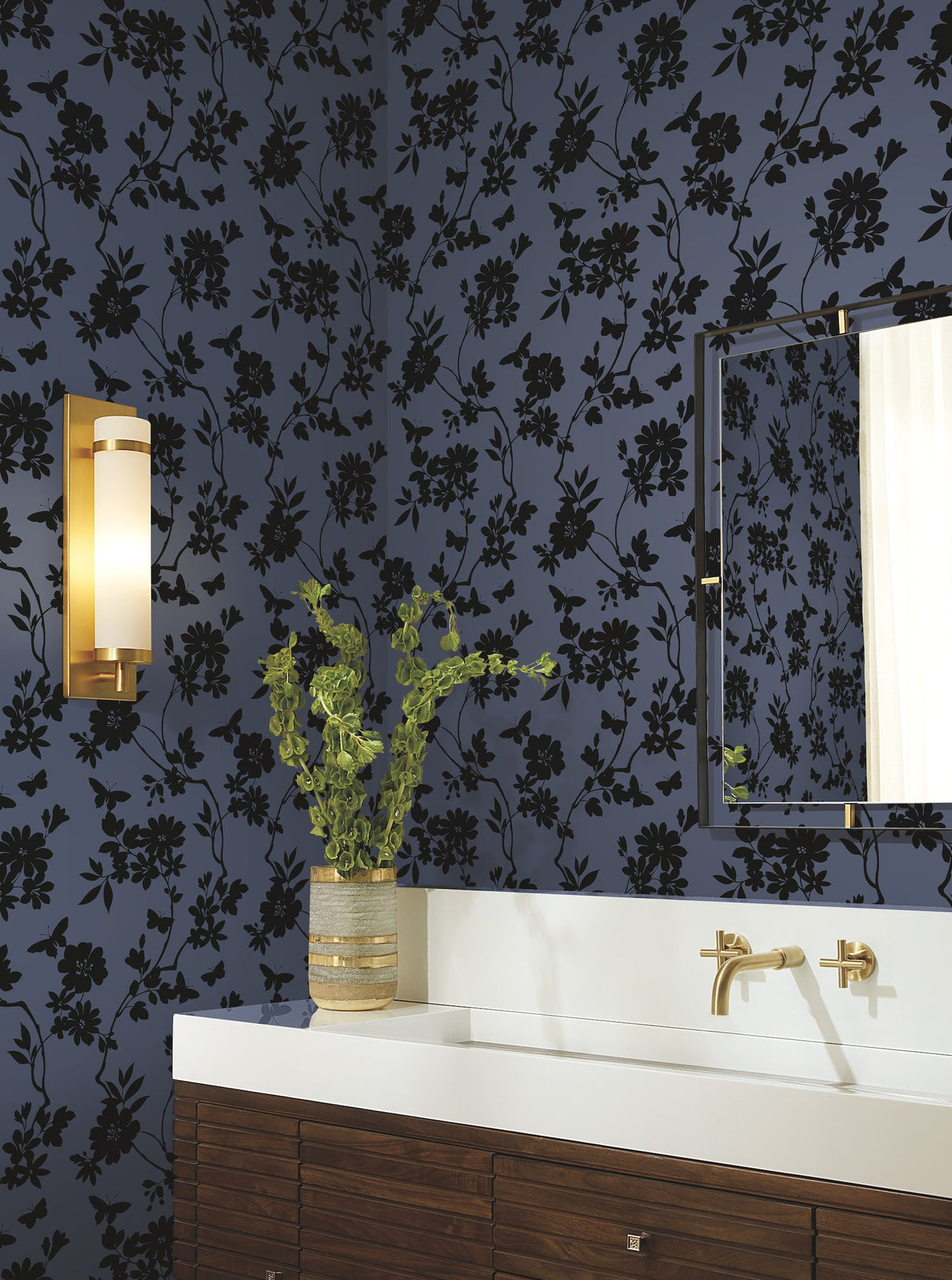 Flutter Vine Blue & Black Wallpaper with Floral Vine and Butterfly Silhouette - York DT5021