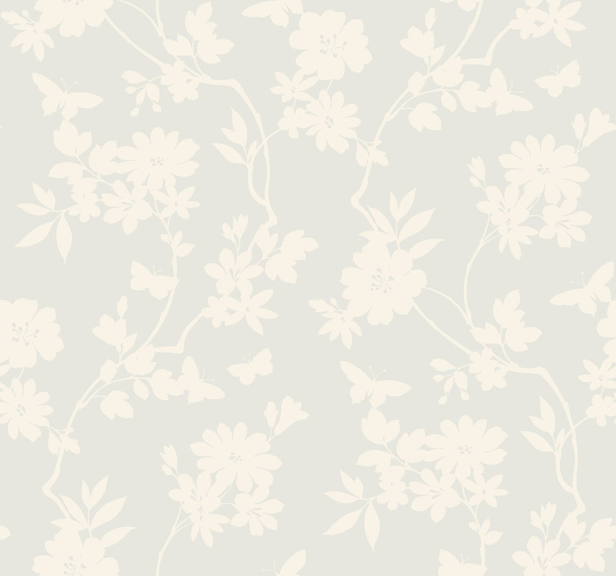 Flutter Vine White Wallpaper with Floral Vine and Butterfly Silhouette - York DT5024
