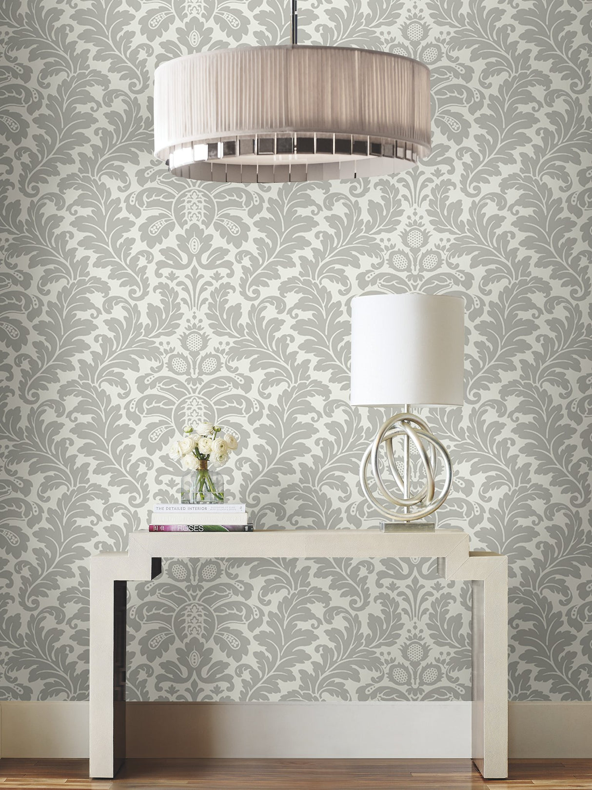 Modern Romance Grey Acanthus Leaf Damask Non Woven Wallpaper - York DT5041