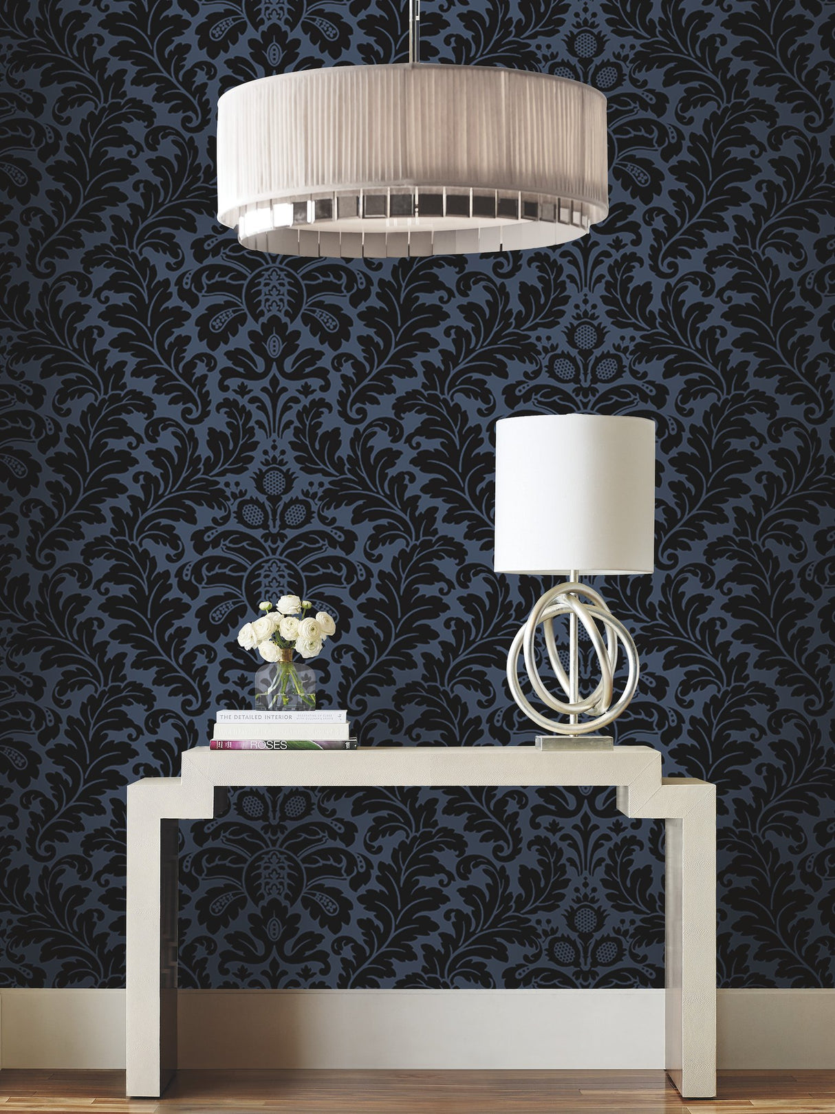 Modern Romance Navy Wallpaper with Botanical Acanthus Scroll Motif - York DT5042