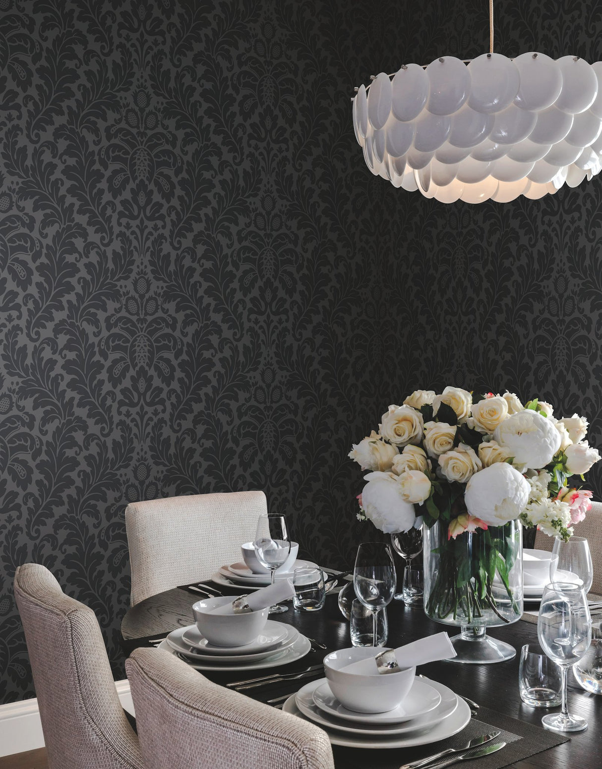 Modern Romance Black Wallpaper with Acanthus Botanical Scroll Motif, Non Woven Unpasted - York DT5044