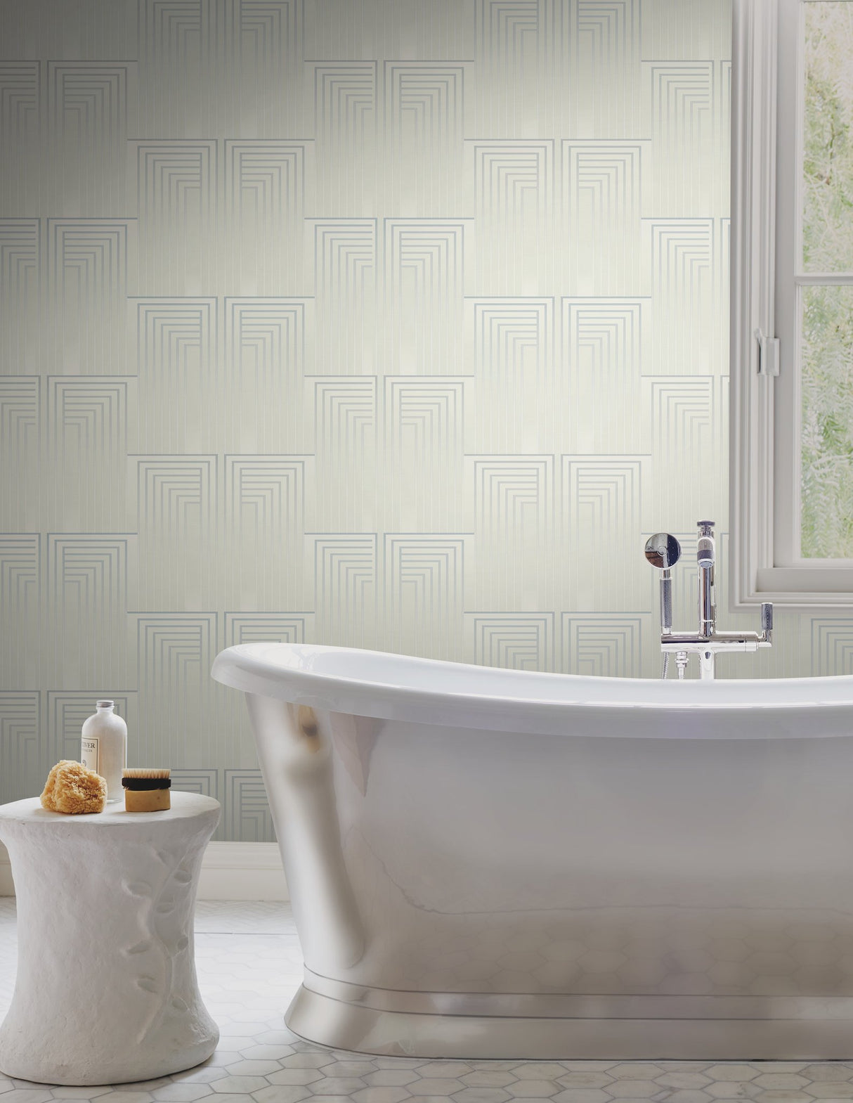 Vanishing Dusty Blue & Silver Geometric Wallpaper with Art Deco Linear Rectangles - York DT5074