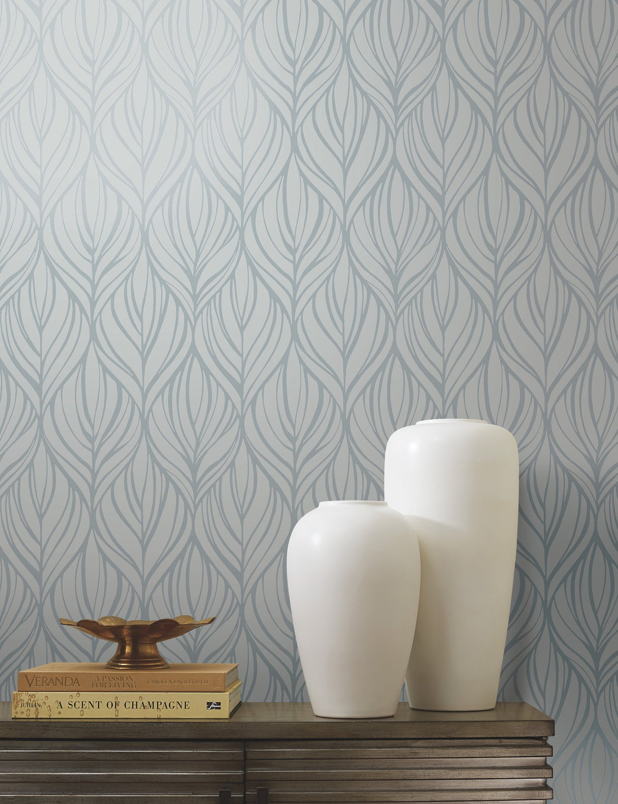 Palma Blue & Silver Wallpaper with Botanical Woodblock Leaf Motif - York DT5083