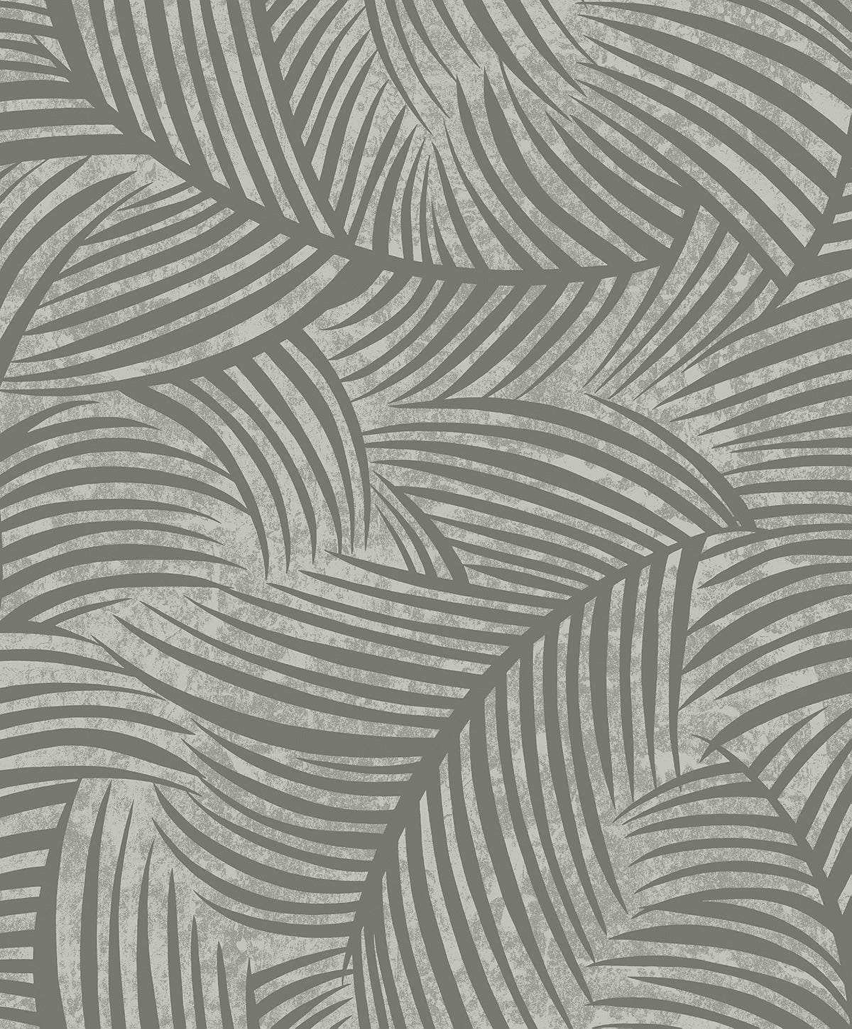 Zephyra Palms wallpaper in Cement gray with overlapping palm fronds and metallic accents.