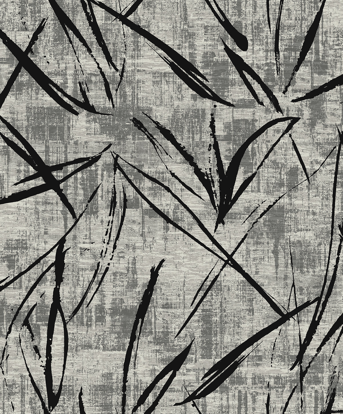 Abstract brushstroke wallpaper in black over a textured gray ground with metallic accents