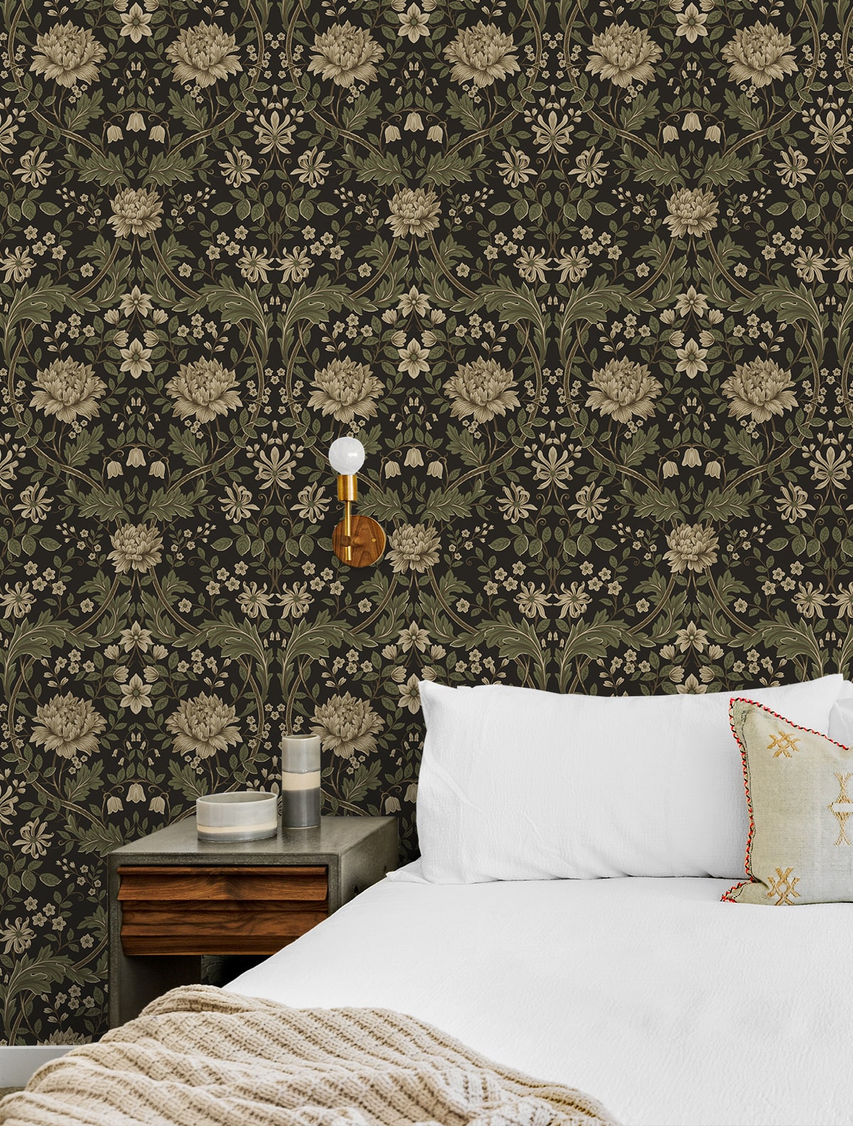Honeysuckle Floral Brown & Sage by Etten Prepasted Wallcoverings Prepasted Vintage Floral Wallpaper – Etten Studios EP10006 -Sample