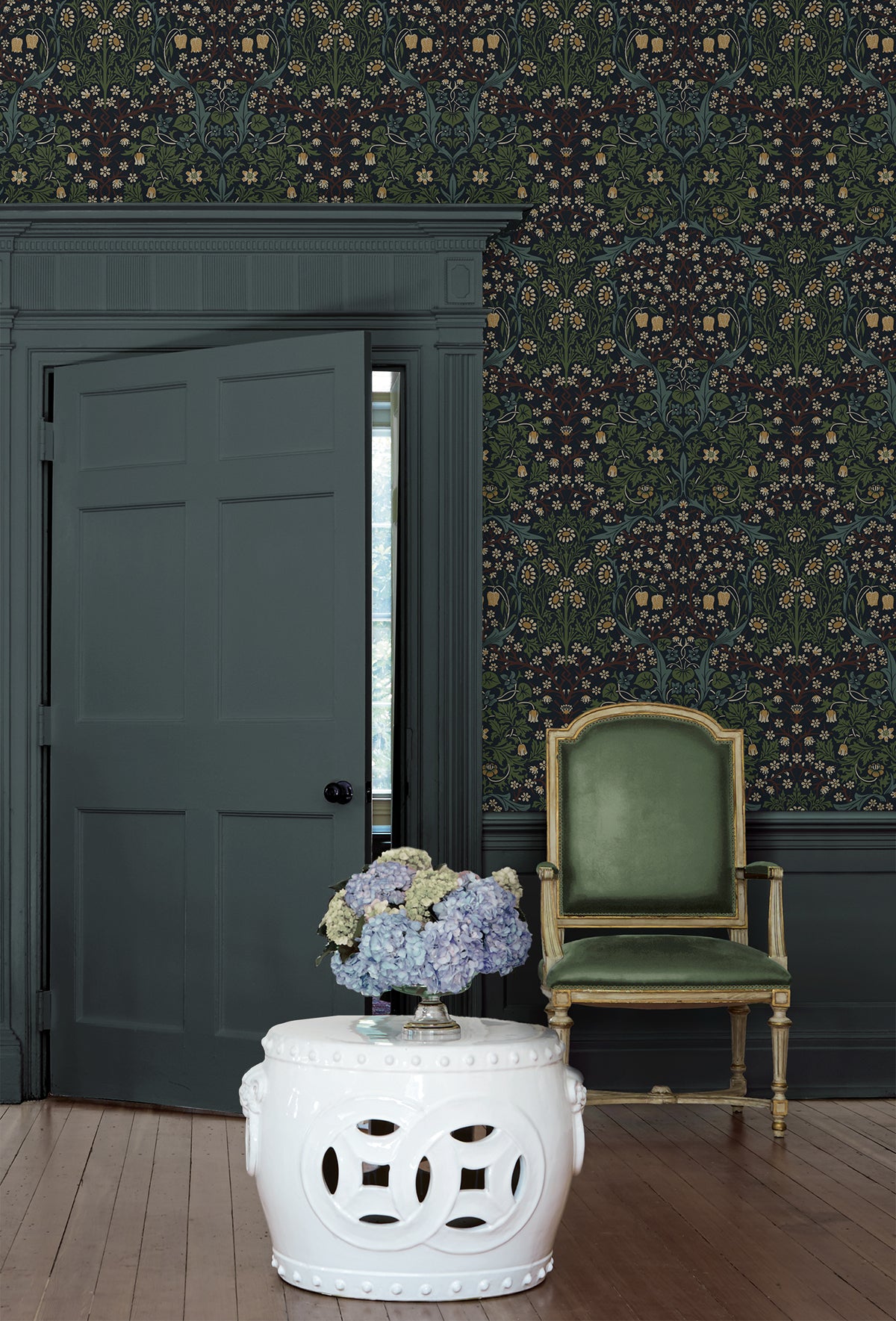 Victorian Garden Floral Midnight Blue & Evergreen by Etten Prepasted Wallcoverings Prepasted Wallpaper – Etten Studios EP10122