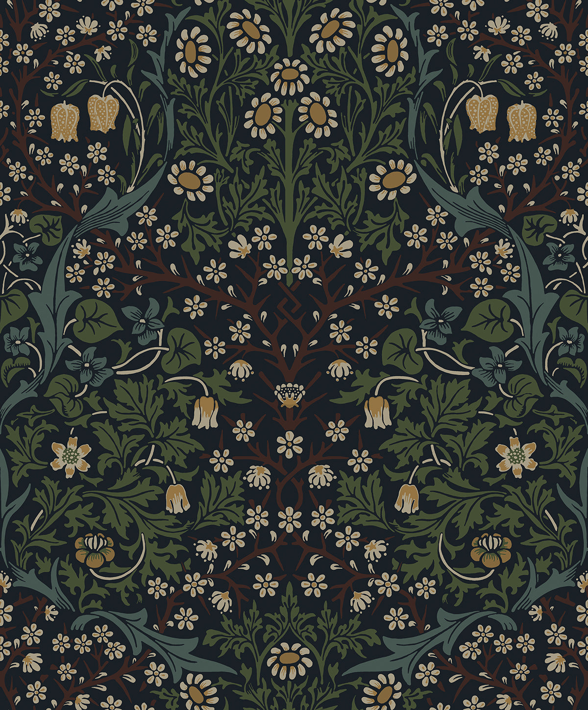 Victorian Garden Floral wallpaper in midnight blue and evergreen with vintage botanical flowers