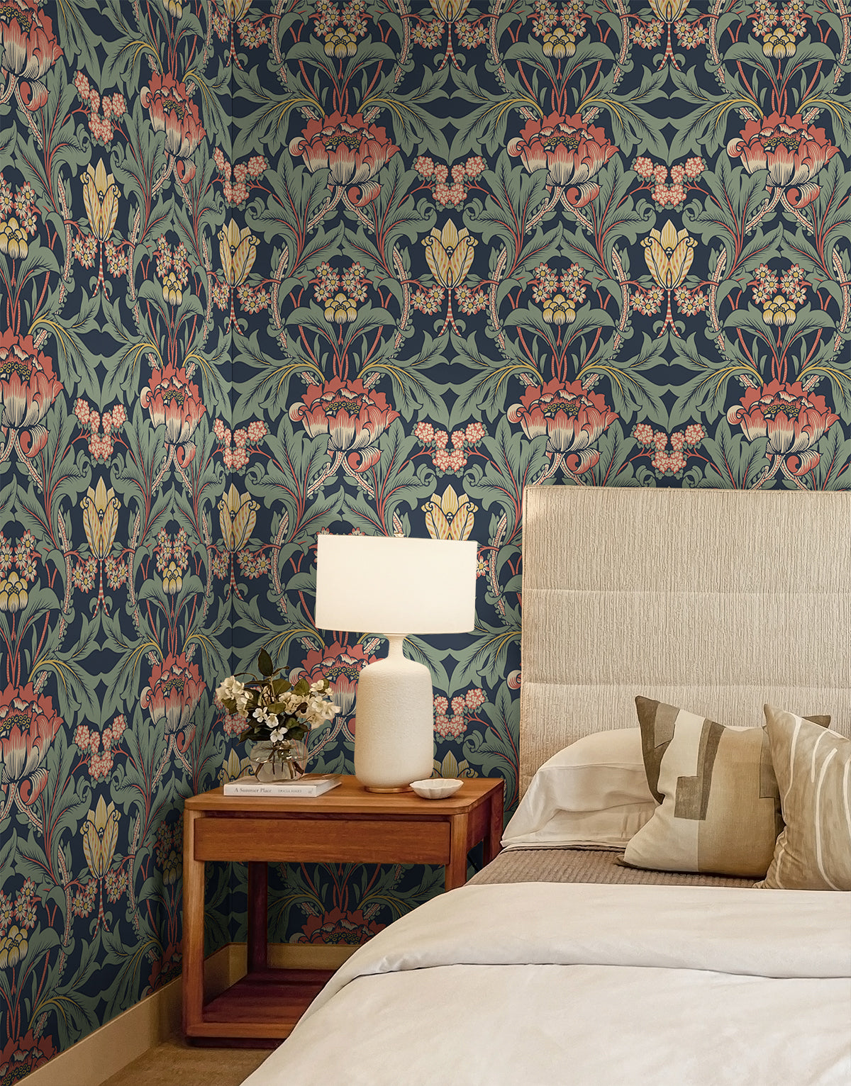 Primrose Garden Denim Blue & Auburn by Etten Prepasted Wallcoverings Floral Prepasted Wallpaper – Etten Studios EP10202
