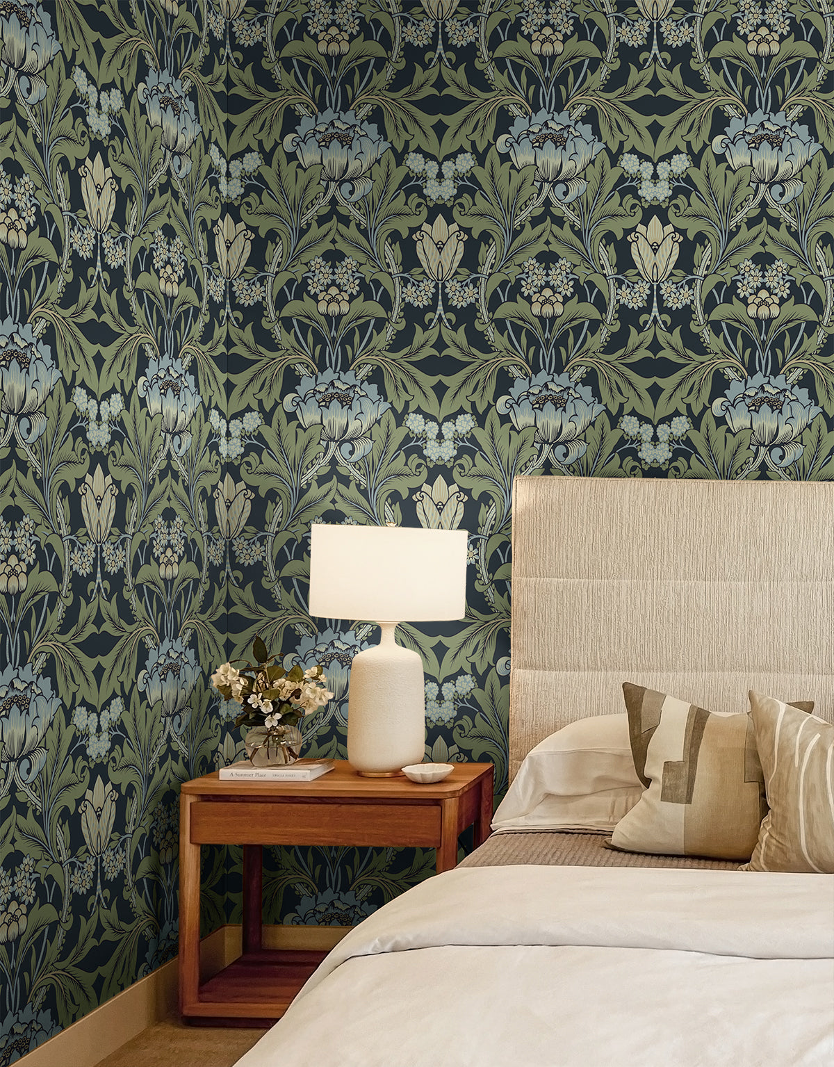Primrose Garden Midnight Blue & Sage by Etten Prepasted Wallcoverings Floral Prepasted Wallpaper – Etten Studios EP10212