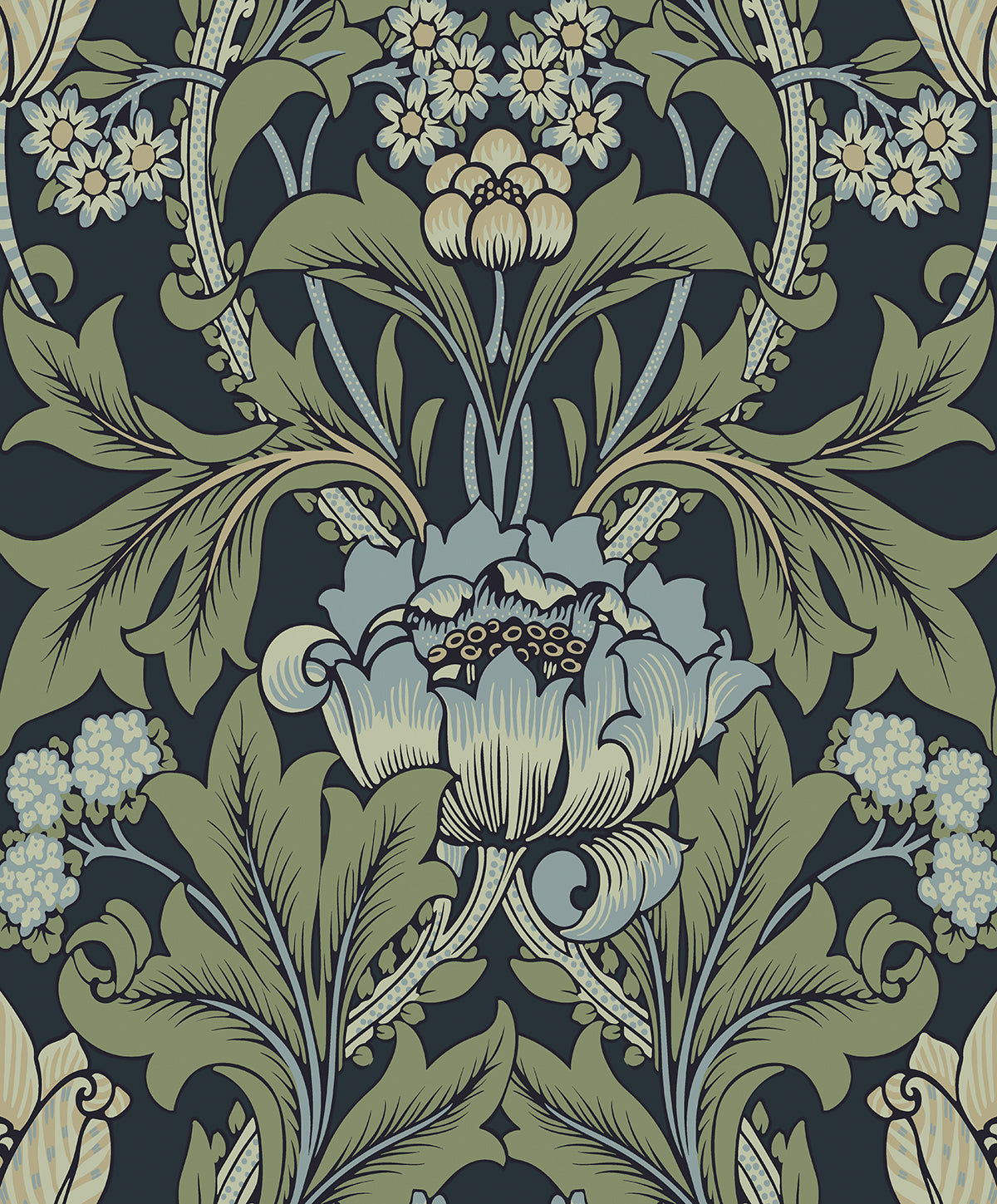 Primrose Garden floral wallpaper in midnight blue and sage with vintage botanical blooms