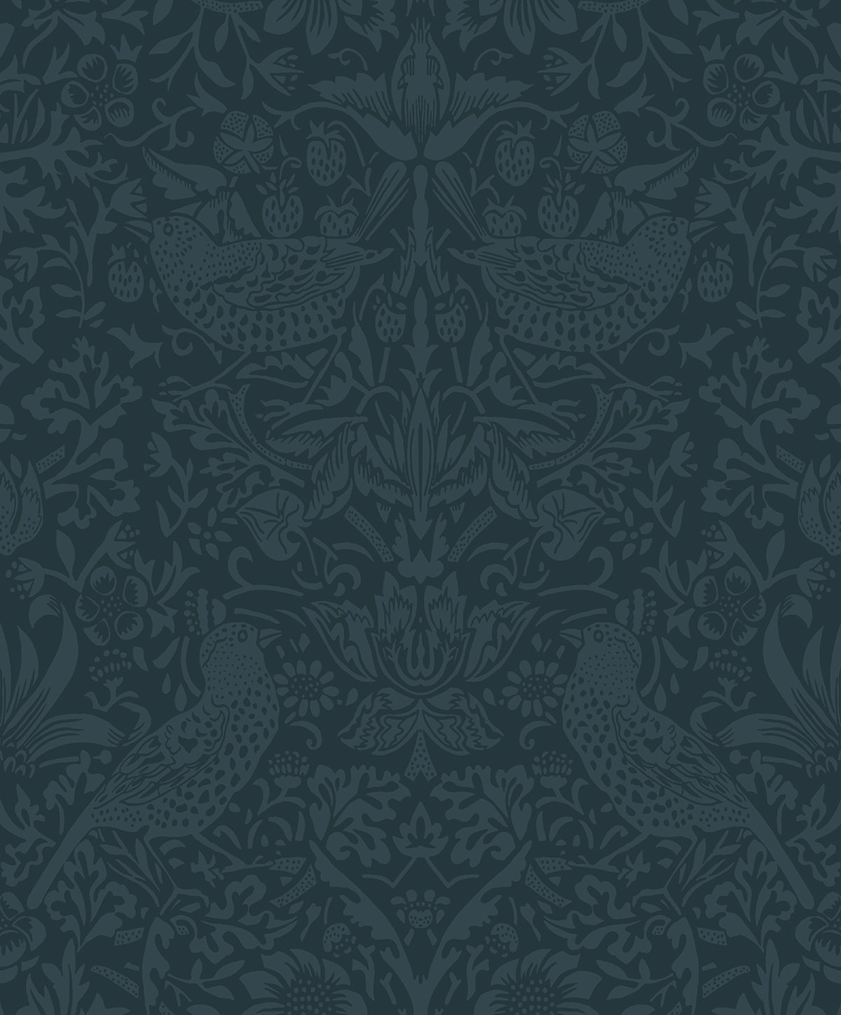 Slate blue tonal bird and botanical garden vintage wallpaper pattern