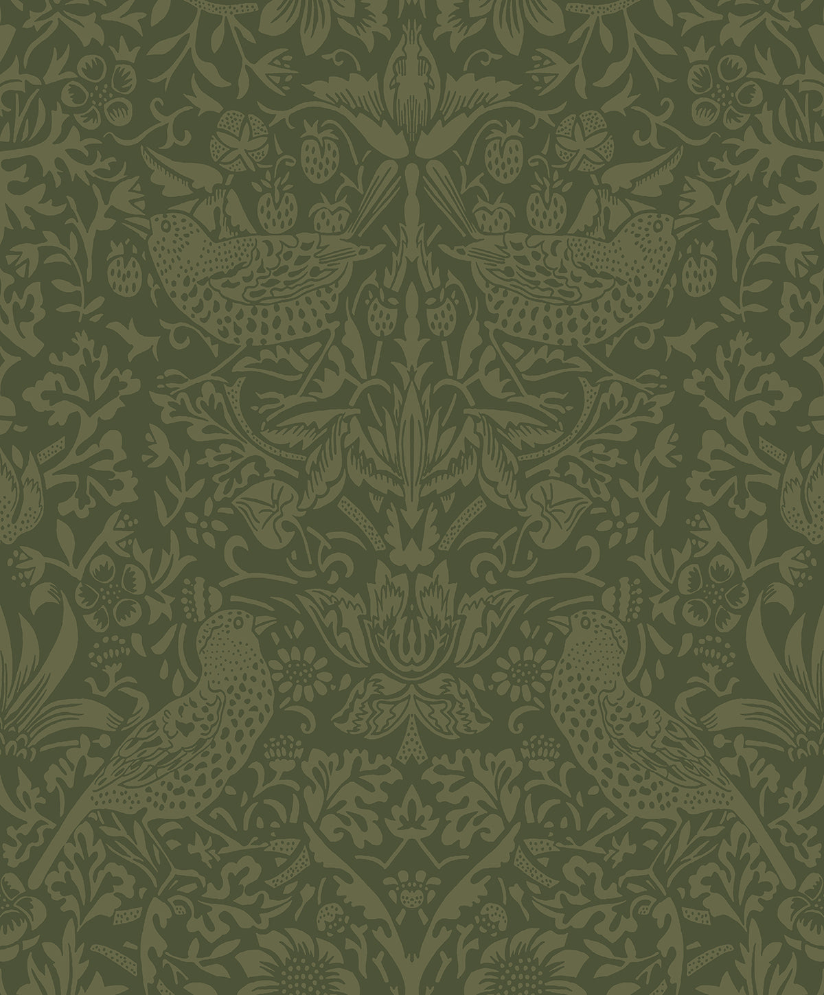 Vintage tonal bird and botanical garden pattern wallpaper in moss green.